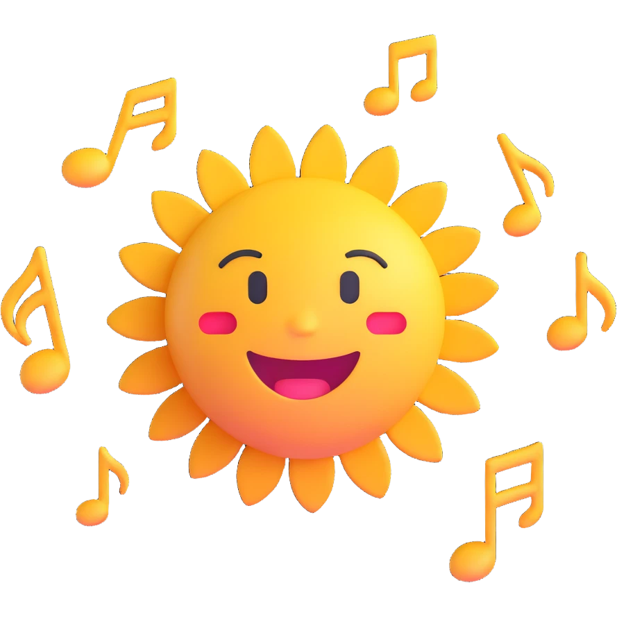 Add floating musical notes around the sun DJ in 3D emoji style with no background. emoji