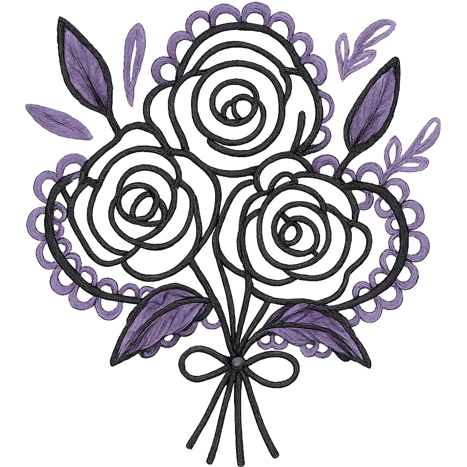 gothic bouquet, sketchy, whimsical, gothic lace accents, black and purple emoji