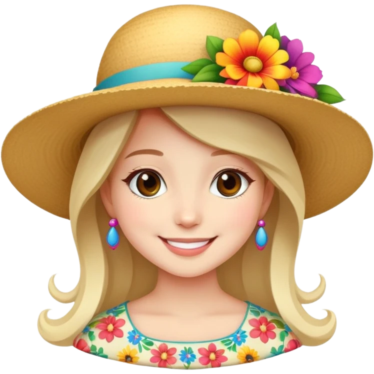 girl with a fancy wide-brimmed hat with flowers, happy face emoji