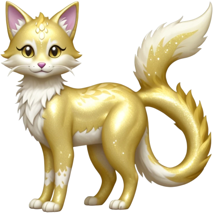 Pastel realistic divine glowing gold-glittery glimmering glooming shiny glossy glittery holy cute elegant beautiful fantasy fae-feline-vernid-sergal-fursona animal creature with a tufted tail full body with intricate markings  emoji