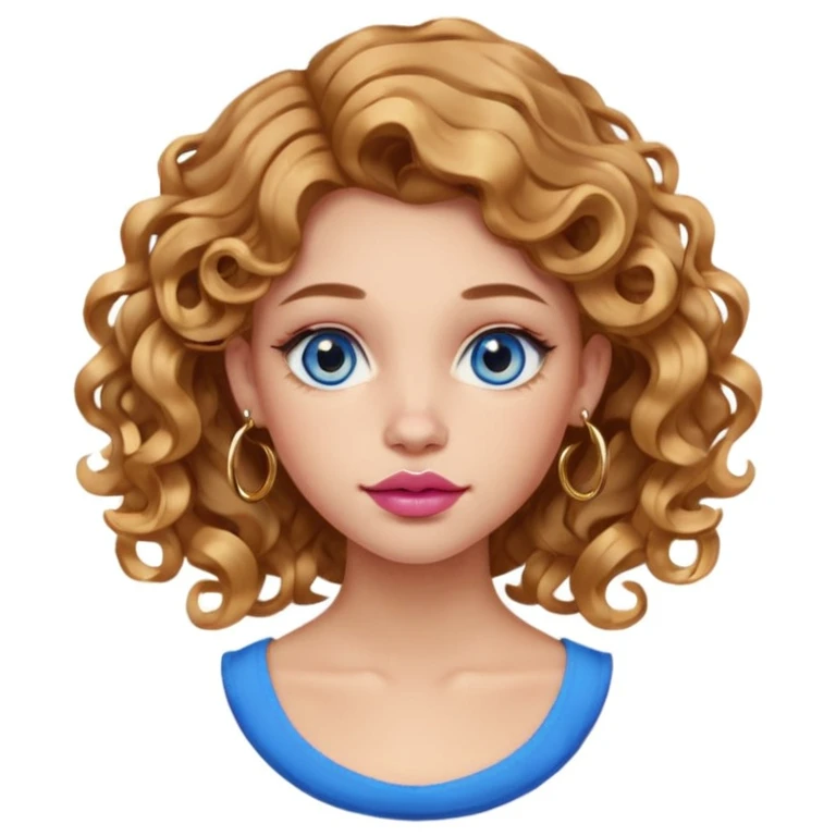 girl with light brown honey wavy hair (subtle side part and 2b curls). blue eyes. one golden nostril piercing (hoop). 6 golden hoop earrings. one golden hoop helix piercing. pink big lips.  emoji