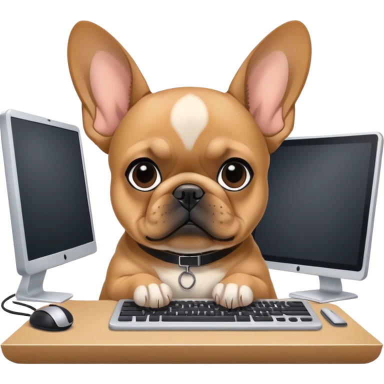 Fawn Frenchie with black muzzle working behind computer emoji