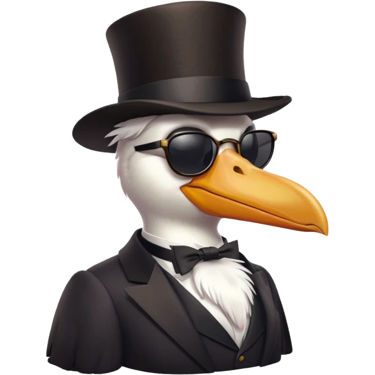 pelican with poise, wearing sunglasses and formal top hat emoji