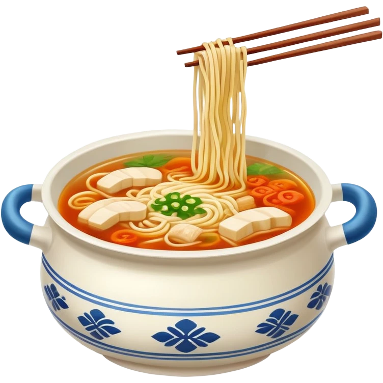 Yunnan Crossing the Bridge Noodles with raw ingredients and hot broth in special pot, simplified emoji style with bold outlines and bright colors, cartoon style unique serving method emoji