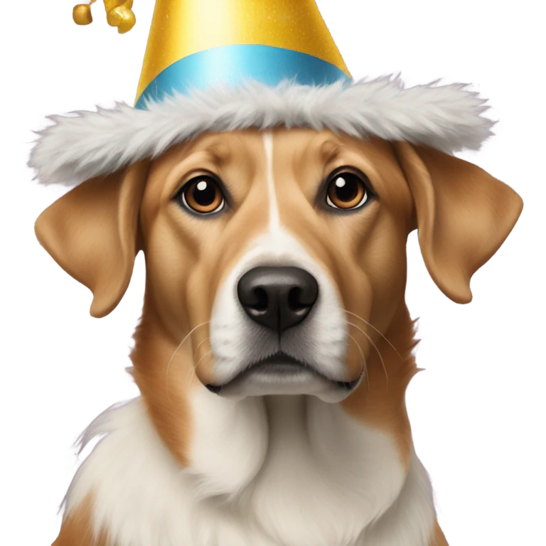 realistic dog portrait closeup with birthday hat emoji