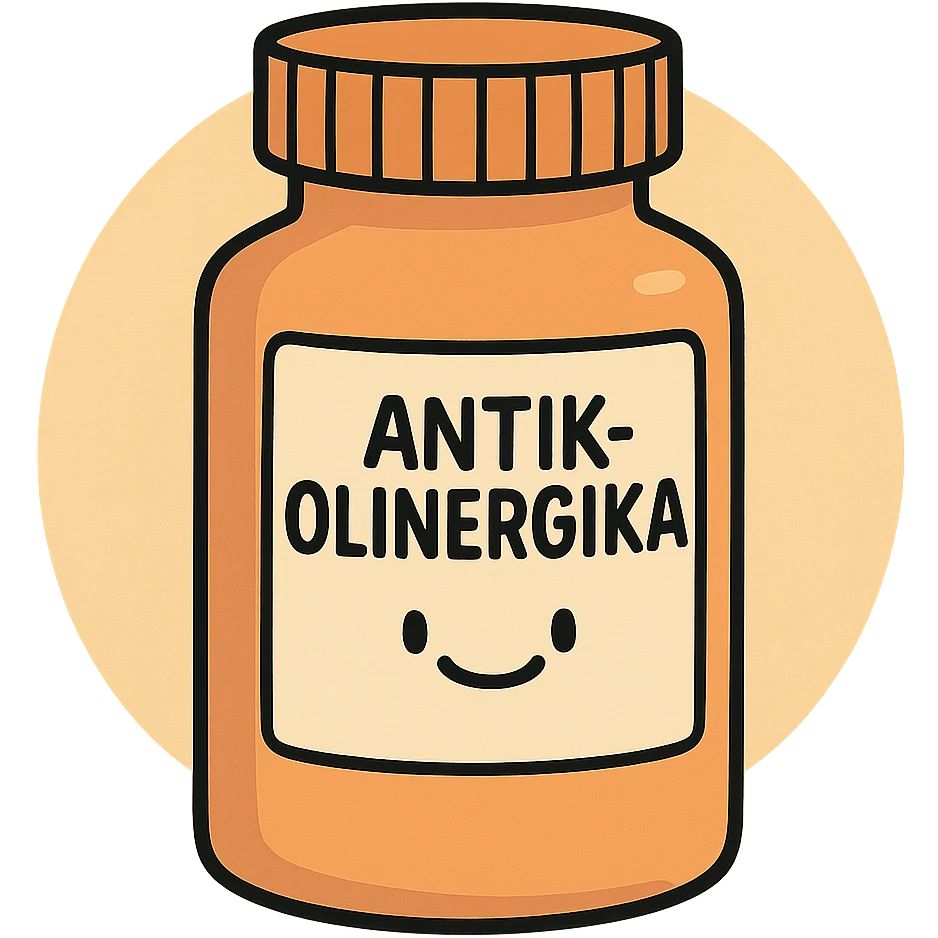 cartoon style pill bottle labeled 'Antikolinergika', no face, arms, or legs emoji