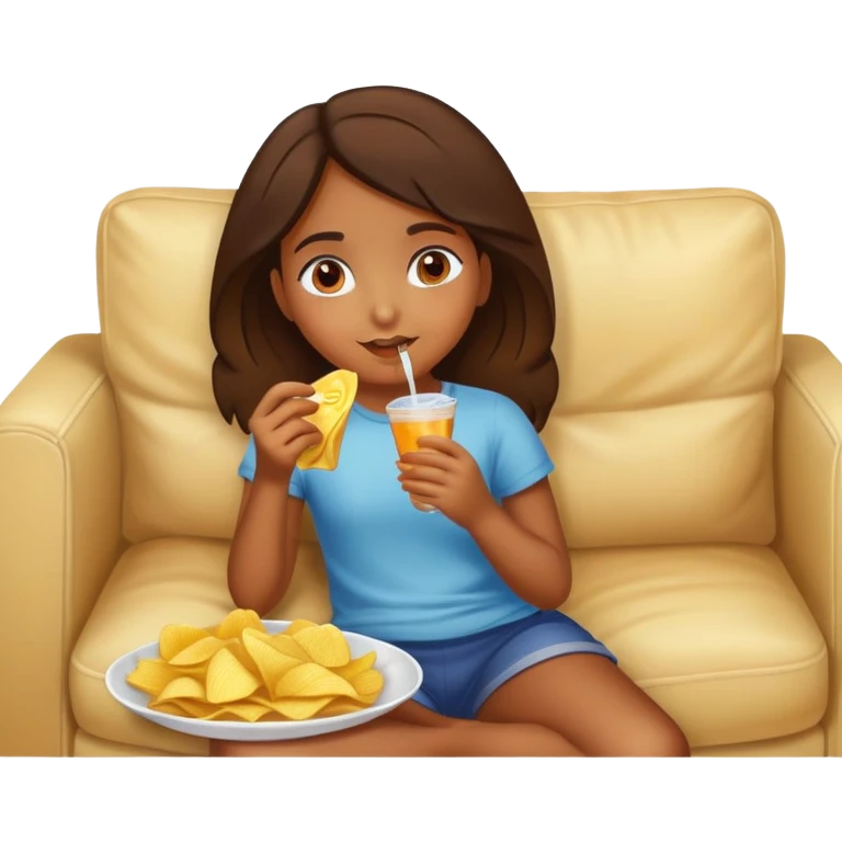 home brown girl with chips and drink, lying at the sofa emoji
