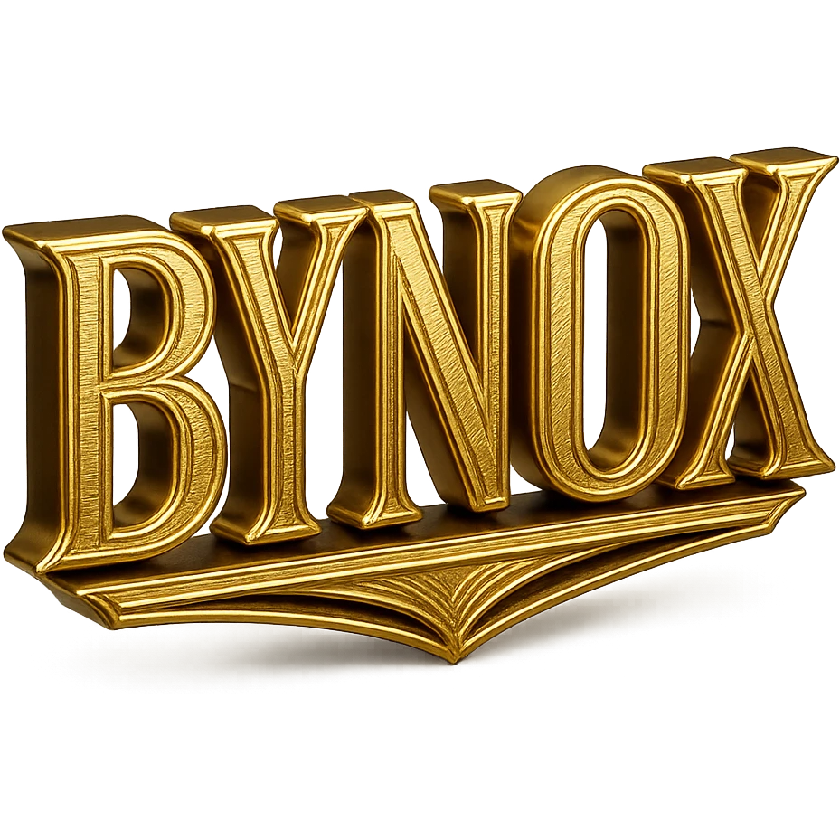 luxury emoji, gold and black, 'BYNOX' text, shiny metallic, 3D, elegant, premium, minimal, powerful, try a new stylish font, no background, for Telegram custom emoji emoji