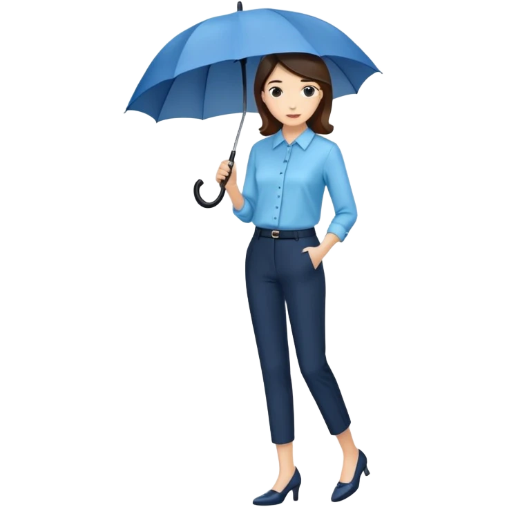 female smart light blue blouse, dark trousers, shoes. one hand holding an umbrella emoji