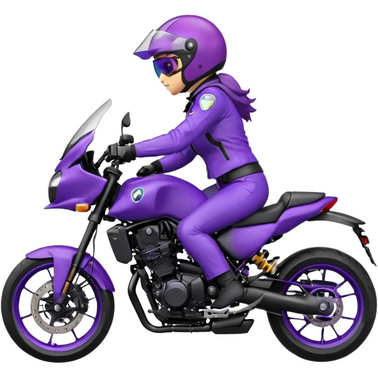 Créer un emoji avec une moto mt07 sport noir mate / violet iridescent très foncé, pare-brise de la moto violet. Avec une femme pilote dessus, visage caché’ par la visière violette, visière cachant tout le visage .Avec en arrière plan cercle violet. emoji