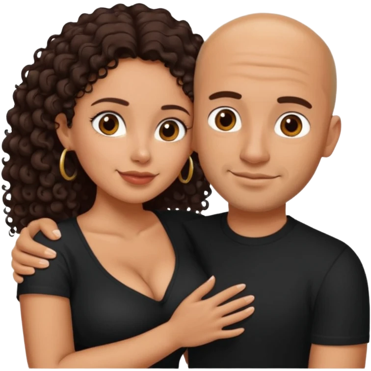 A picture of an embracing tanned couple. the man is a Mexican man with tanned skin, with a bald hair cut, short beard and wearing a black shirt. the woman is short with long curly dark brown hair and with big boobs  emoji