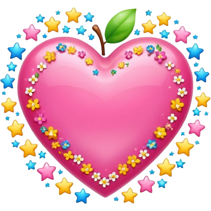 Colorful emoji-style icon of a large pink heart surrounded by sparkles, stars, and small flowers, representing overflowing love and joy. Bright and happy Apple-style emoji, glossy finish, white background. emoji