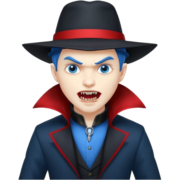 Vampire with blue hat,black coat with read collared ,teeth looks like vampire with aggression on face and full body. emoji