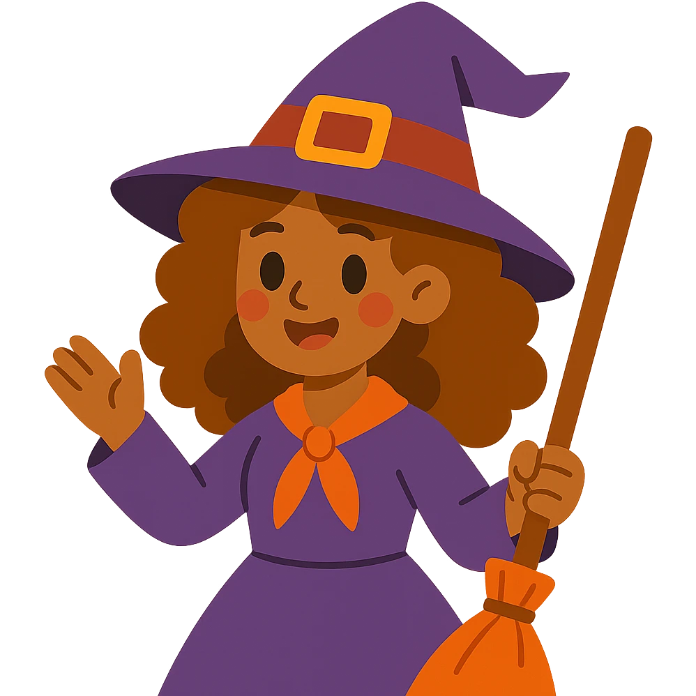 vibrant toon style witch with caramel brown curly hair emoji