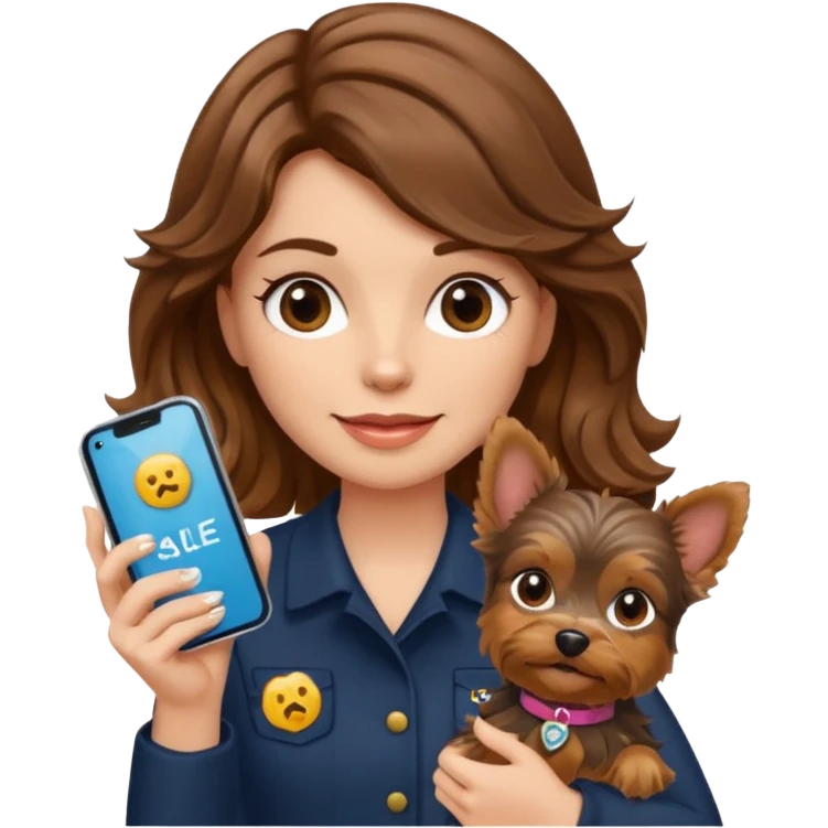 woman with long brown wavy hair holding a Yorkshire Terrier, with an iPhone and a sale badge, emoji style emoji