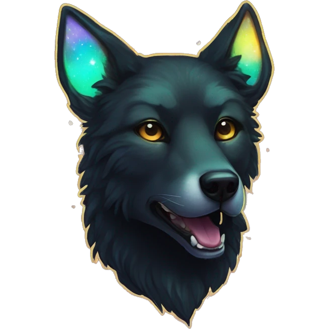 Black iridescent fluffy dog fox head zombie skull skeleton gold mechanical nebula galaxy stars colorful flowers fairy lights vintage emoji