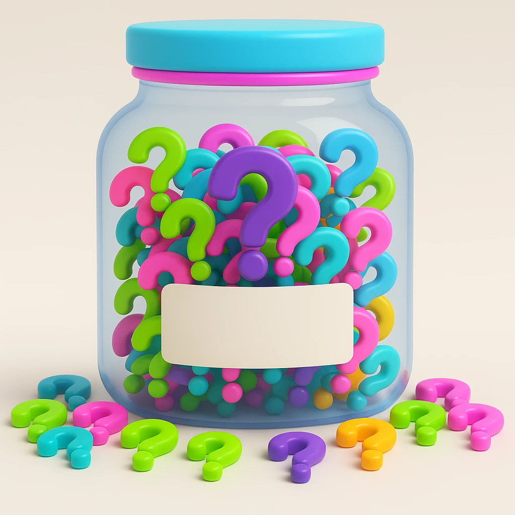 Add a blank label to the front of the jar, keep the neon question marks and 3D emoji style emoji