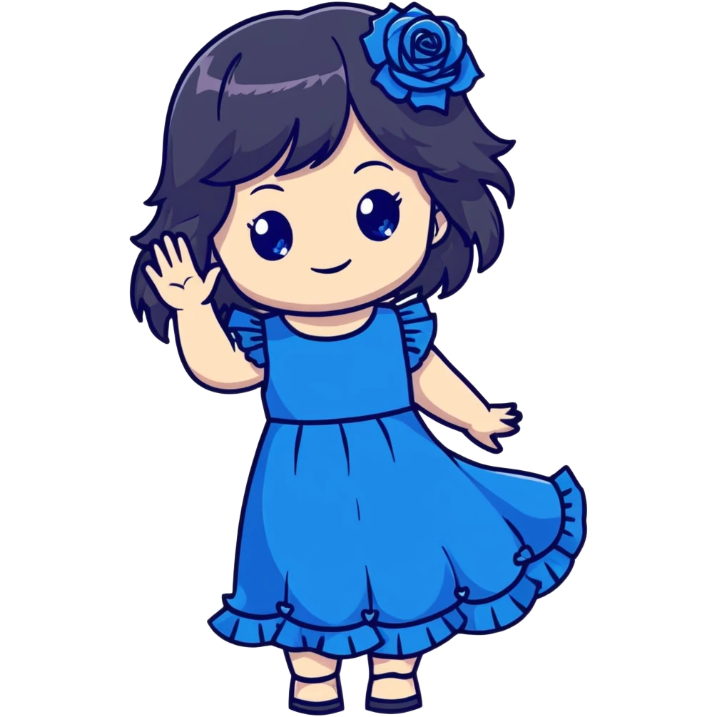cute chibi girl with long dark hair, blue rose in hair, bright blue eyes, black frilly dress, smiling and waving emoji