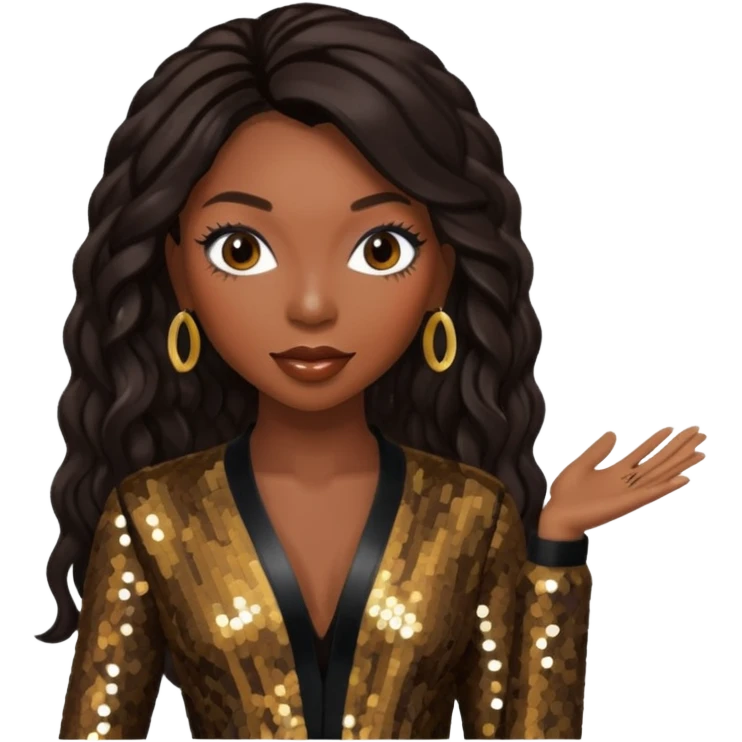 Brandy Norwood with long dark brown hair, dark brown sequin outfit emoji