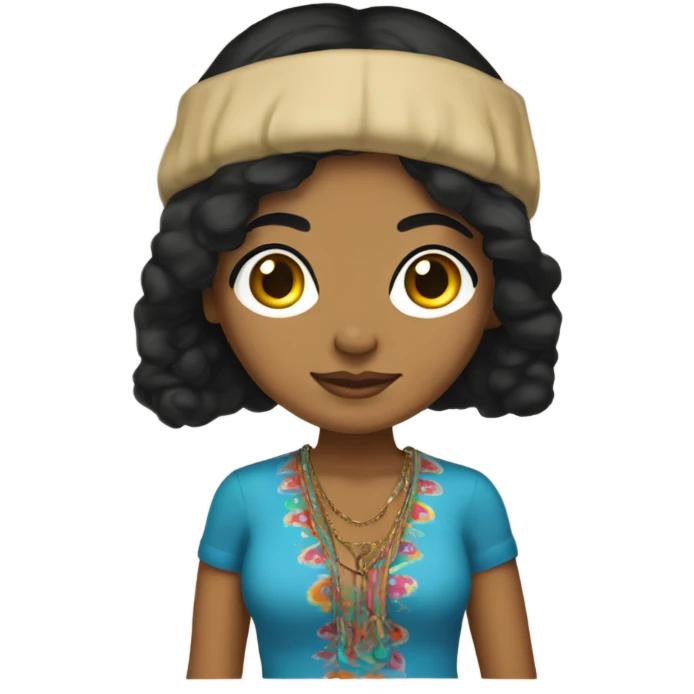 Tanned woman with black hair dressed in 1970s hippie attire, hair, makeup, and attire emoji