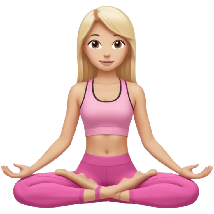 Mujer color de piel moreno con cabello rubio suelto y lacio y largo, que tenga gloss en los labios y se vea usando Blush rosita, usando un top rosa deportivo y leggins deportivo rosa en una pose de yoga sentada, viendo hacia enfrente con ojos negros y sonriendo sin mostrar los dientes emoji
