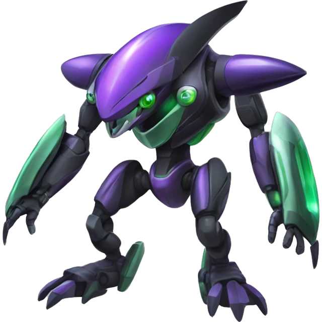 a shiny black-green Genesect-Raptor-Fakémon-Medabot-hybrid with a futuristic visor-helmet full body emoji