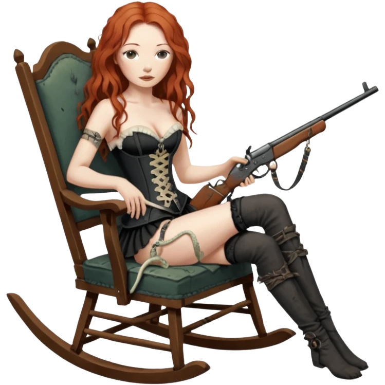 realistic cinematic Tori Amos sits on a rocking chair in a torn corset, holding an antique rifle and her bare feet are muddy. A white snake is wrapped around the chair. emoji