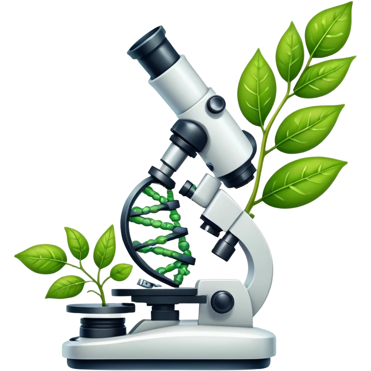 An icon featuring a DNA strand, a microscope with visible cells, and a green leaf, symbolizing biology. The design includes animal cells, plant structures, representing the study of living organisms and ecosystems. Transparent background highlights life sciences and biological research. emoji