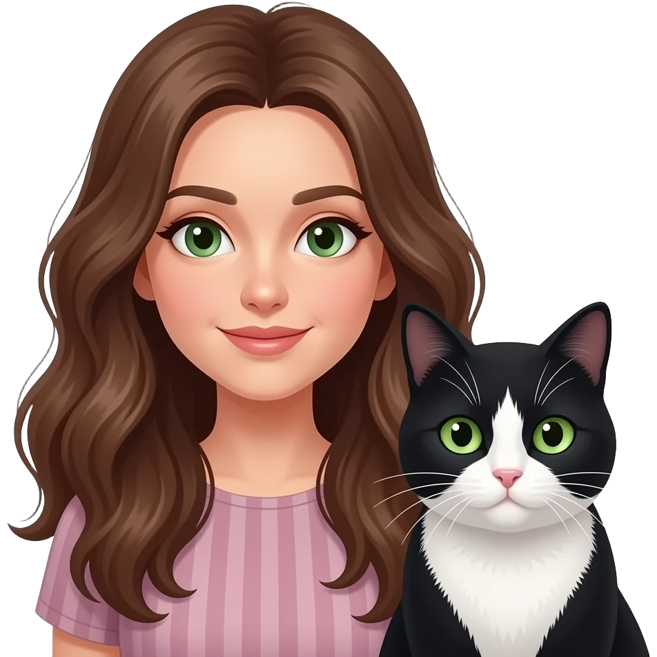 Estilo de emoji IOS - Mulher de cabelos longos e ondulados ao lado do gato preto e branco dos olhos na cor verde emoji