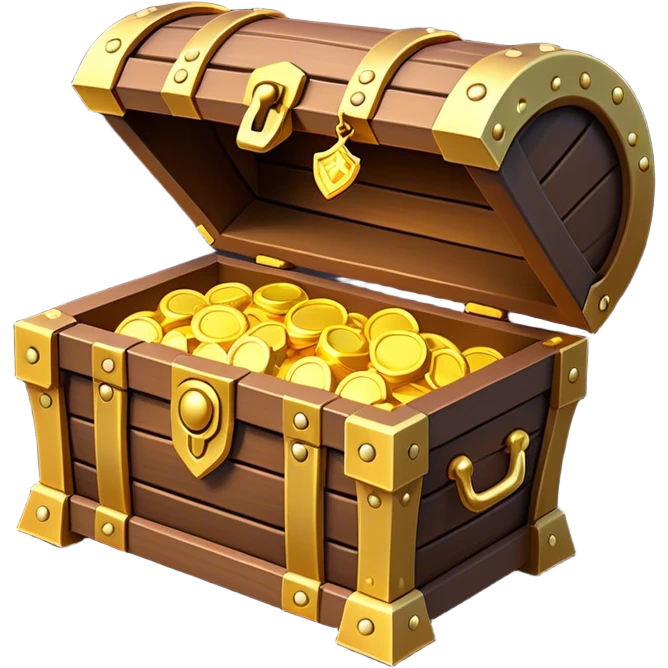 Clash of Clans aesthetic: Cinematic Playful 3D Isometric Treasure Chest Emoji, rendered in a 3D vector-style similar to standard emojis with minimal shading and bold, simplified shapes. A compact, distinct form with signature details, softly glowing with a fantasy RPG magic charm. Simplified yet unmistakably iconic, highly detailed and consistent, glowing with a soft radiance and high shine. Stylized with a touch of heroic grandeur and a soft glowing outline, capturing the essence of a beloved gaming relic with a friendly, playful manner! emoji