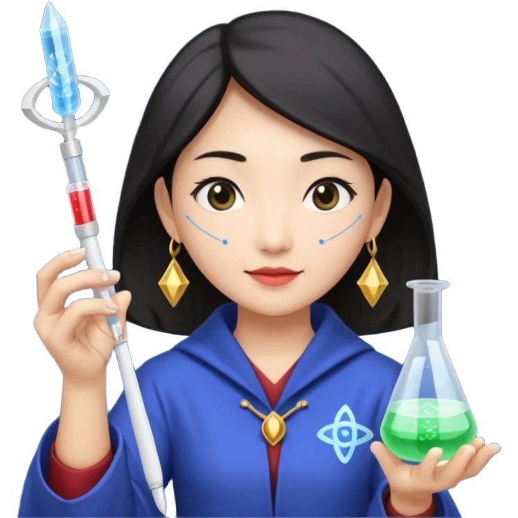 emoji of an asian woman wizard who wields a micropipette as a wand and a DNA helix spell coming from the pipette wand emoji