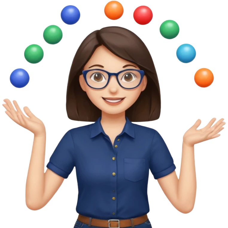 a cute brunette girl in a navy shirt wearing glasses,  juggling multicolored balls with two hands  emoji