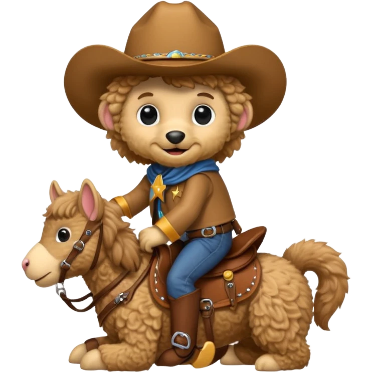 Mini golden doodle wearing a saddle with a finger monkey on its back wearing a cowboy costume emoji