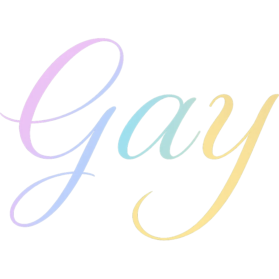 the word GAY in cursive font with pastel rainbow gradient emoji