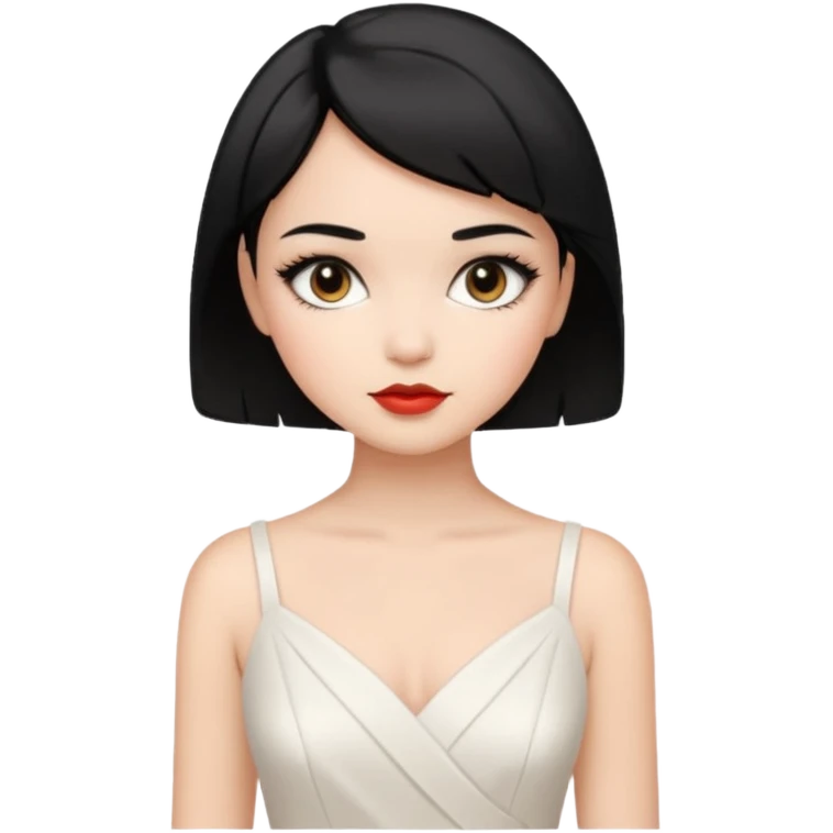 a short black hair girl with elegant white dress, wearing makeup emoji