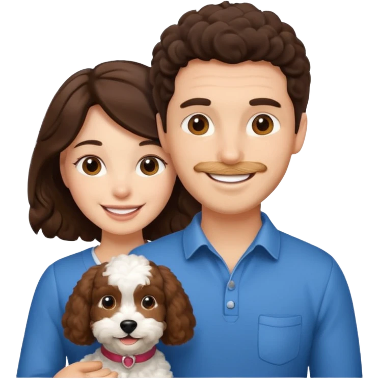 emoji of brunette man, brunette woman and cockapoo emoji