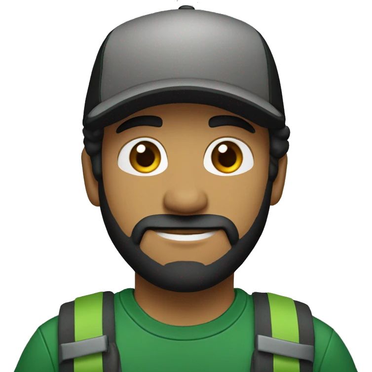 brown man with a dark beard, dark eyes, dark green t-shirt and a black cap emoji