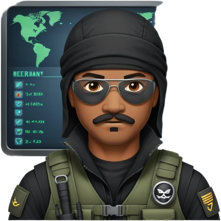 african-american mustache mercenary black asymmetrical eyepatch ninja hacker terminal command center emoji