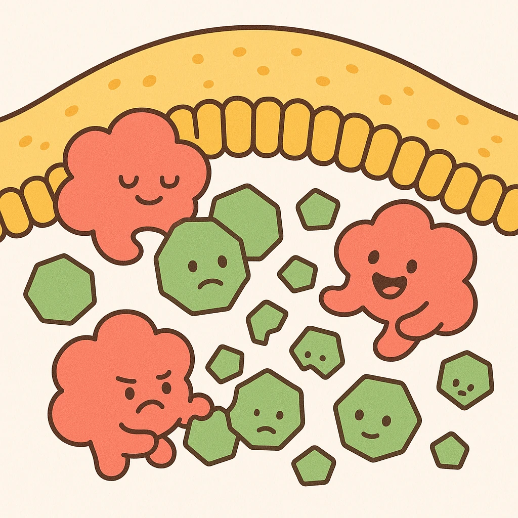 A realistic biological illustration (like in a school book) showing: enzymes (red) breaking down starch (green) near a cell membrane (yellow). Macro photography style. No labels, white background emoji