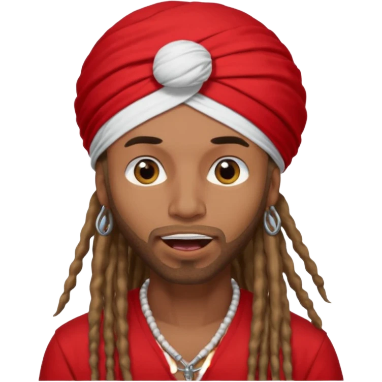 Brownskin man with long dreadlocks 
red t-shirt 
white turban 
in love eyes
his eyes mouth open  emoji