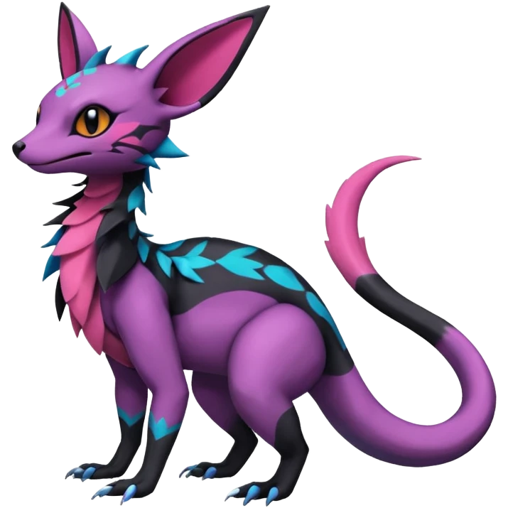 Rare epic aesthetic colorful Salandit-Noibat-Eevee-Genet-species-Fakemon-hybrid-creature, with markings, full body emoji