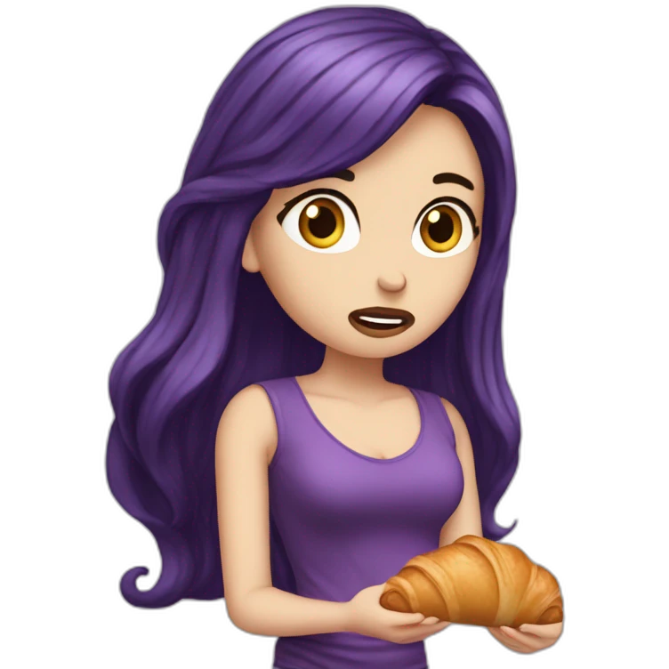 white girl long deep purple hair upset eating croissant emoji