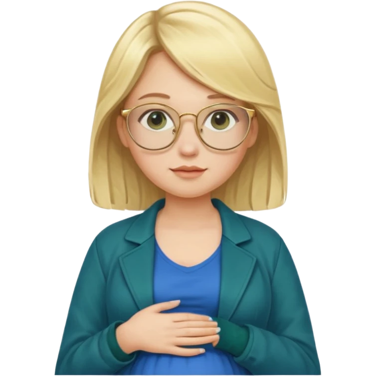 pregnant blonde 18-year old with golden glasses in a bright blue dress and a dark green jacket on top of the blue dress standing sassily emoji