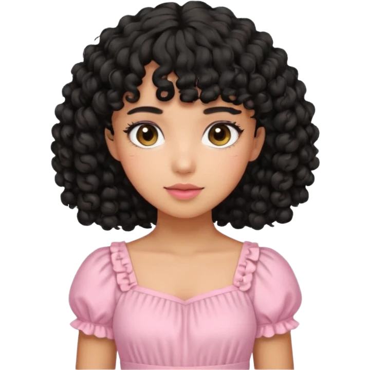 uma menina fofa de pele oliva e cabelos pretos encaracolados e com franja encaracolada e um vestido rosa pastel emoji