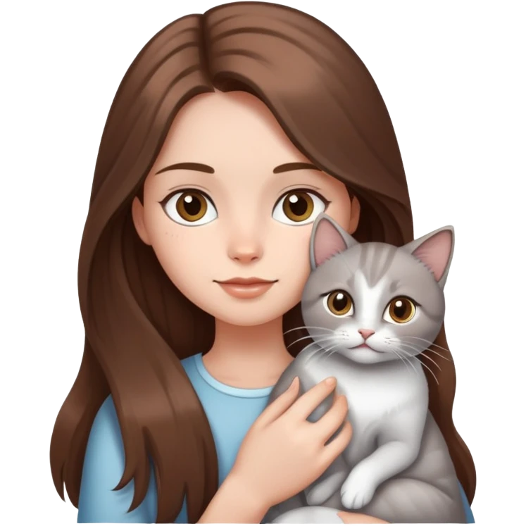 A girl with long brown hair holding a silver-colored cat emoji