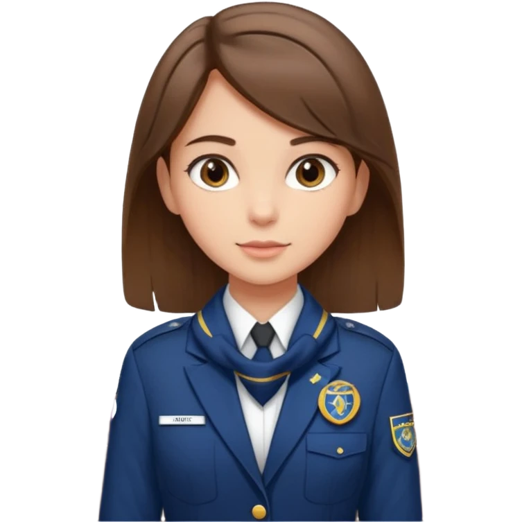 Young girl, straight hair, wearing uniform jacket with hotel name badge, tasteful scarf, stand behind the desk emoji