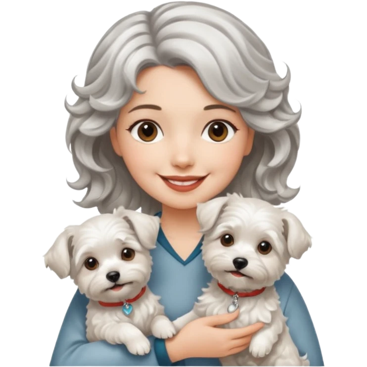 silver, short, wavy-haired with loose curls, smiling pretty lady holding westie dog and lhasa apso dog emoji