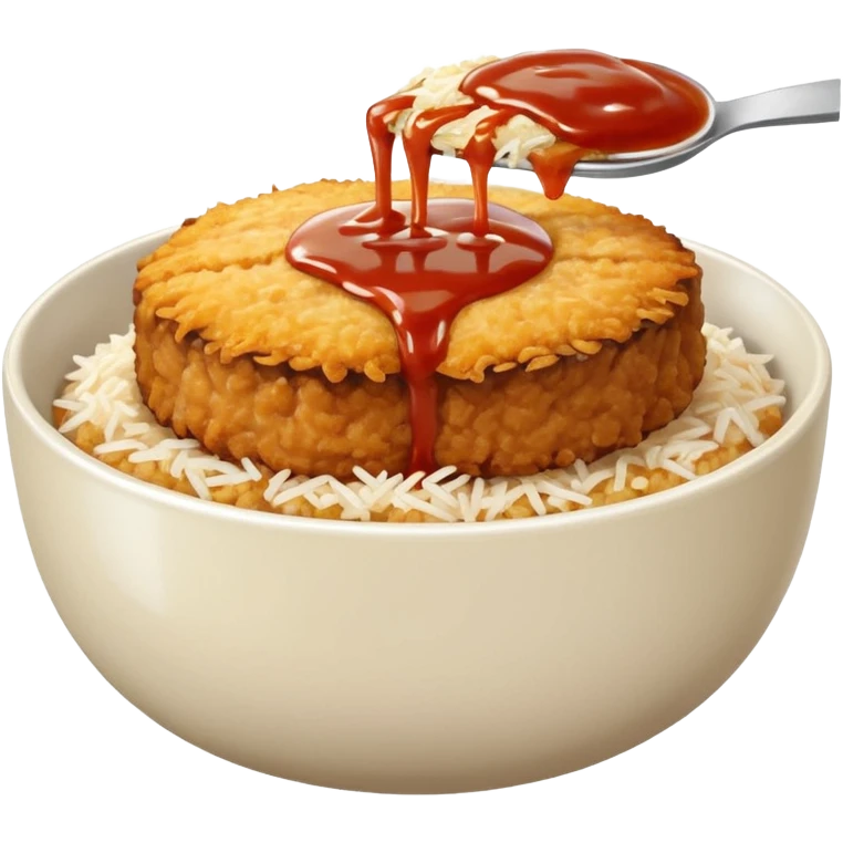 katsudon in a bowl: bowl filled with rice, a bit of sauce over the rice and a breaded pork cutlet emoji