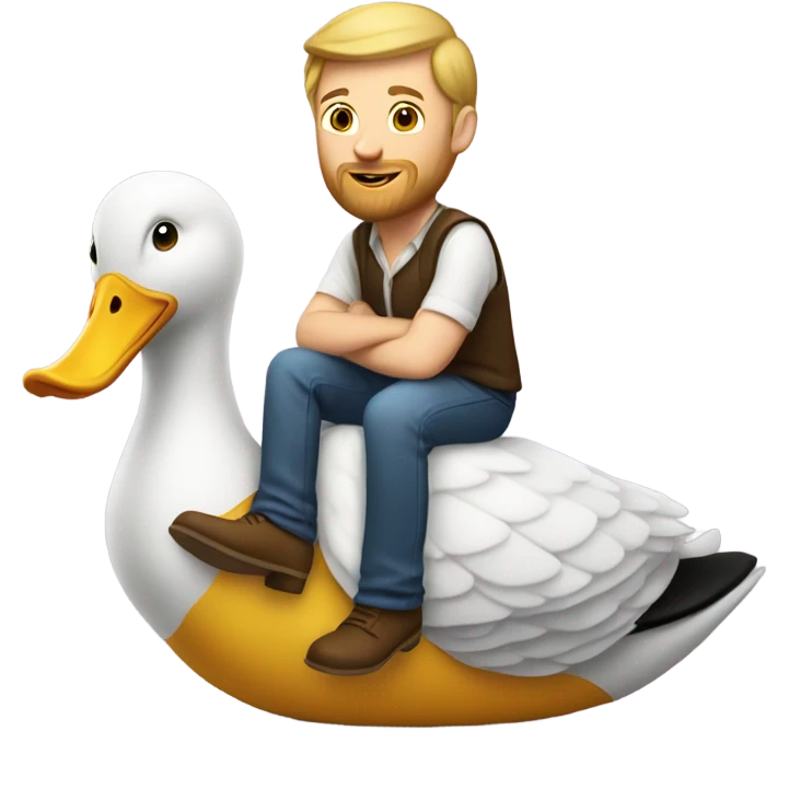 White Man with a short beard riding on the back of a giant duck emoji