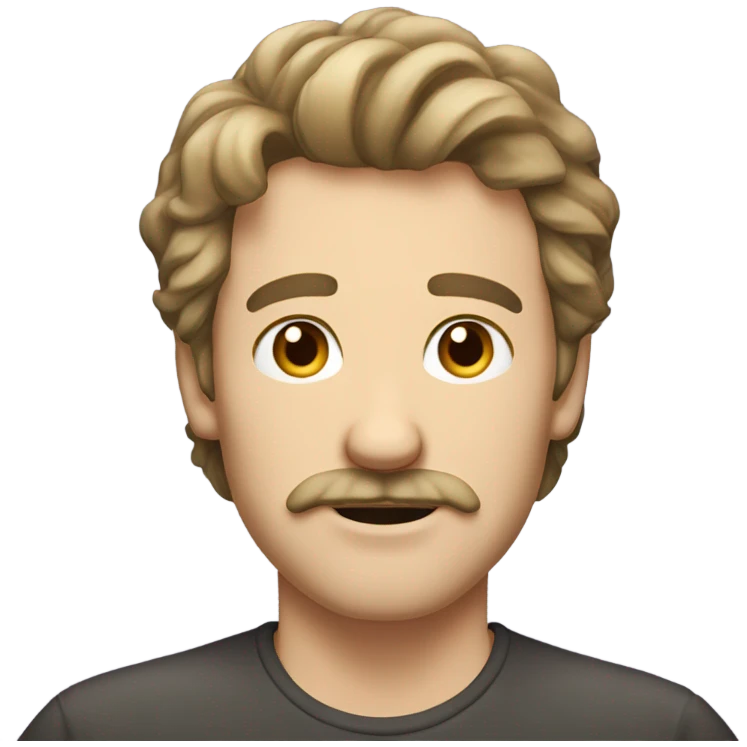White guy with classic mustache and NO beard. Brown eyes and medium length shaggy hair.  emoji